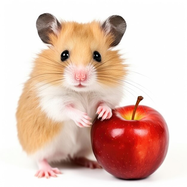 Syrian hamster holding a small red apple on a white background