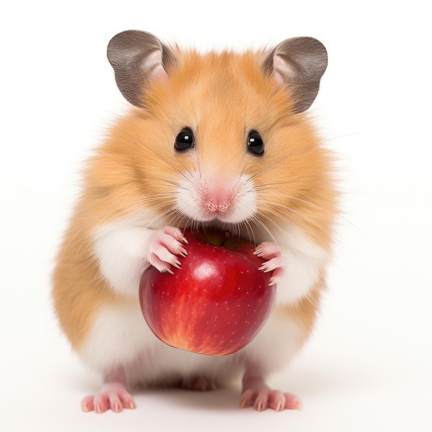 Syrian hamster holding a small red apple on a white background