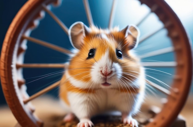 Syrian Hamster next to the running wheel looks at the camera Pet rodent