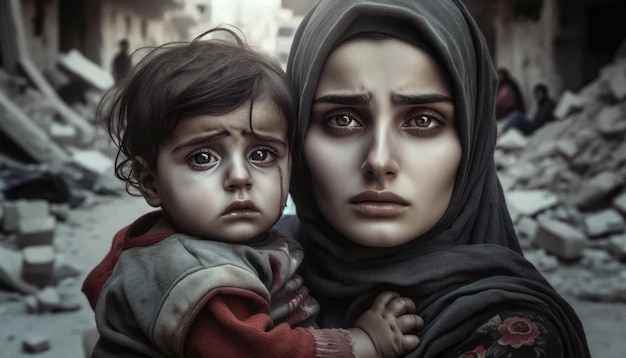 Syrian refugee mother her face etched with sorrow as she holds her young child close