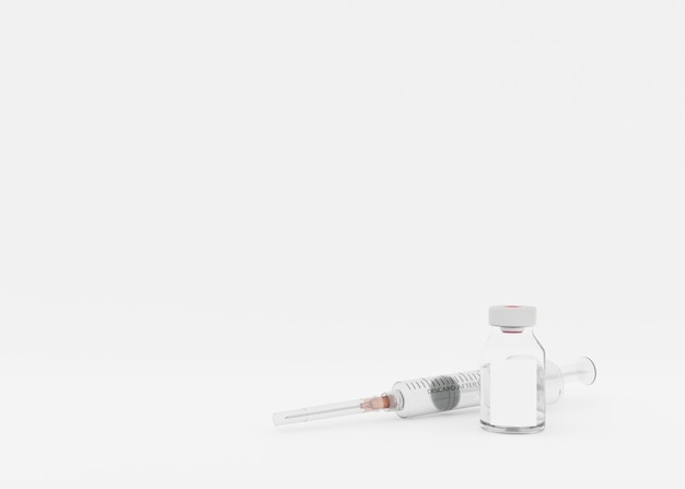 Syringe and blank bottle with vaccine on white background Vaccine bottle mock up Medicine vaccination healthcare concept Free copy space for your text 3d rendering