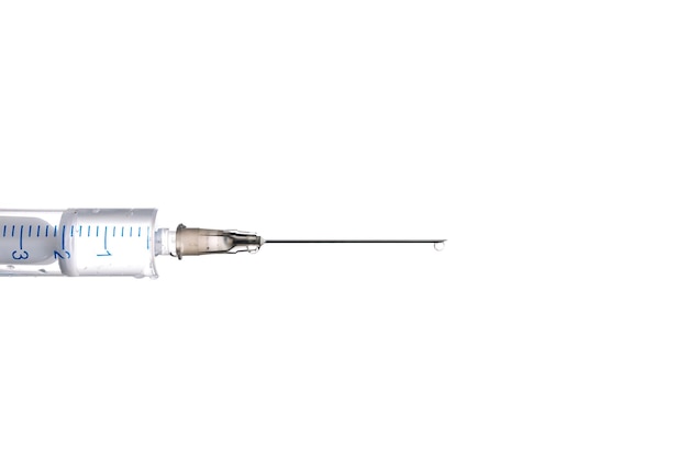 Syringe closeup with a drop at the end of the needle on an isolated background