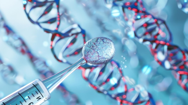 Photo a syringe filled with a clear liquid with a drop of the liquid suspended at the end of the syringe against a background of a dna double helix structure