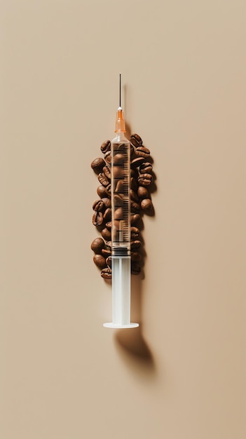 Photo syringe filled with coffee beans on beige background concept of caffeine addiction