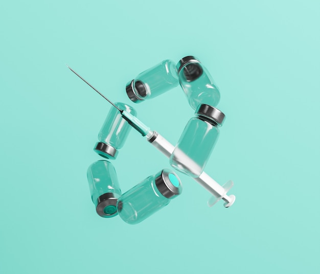 Syringe floating in the air with vaccine canisters around. minimalistic and abstract concept of coronavirus vaccination and immunization. 3d rendering