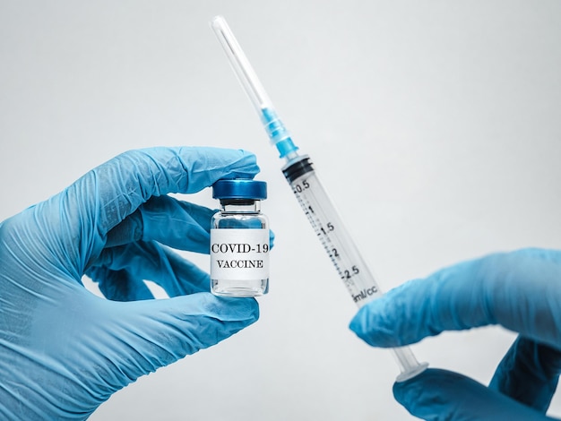 Syringe and injection bottle in the hands of a doctor. Close-up, indoors. Daylight, studio photo. Healthcare concept