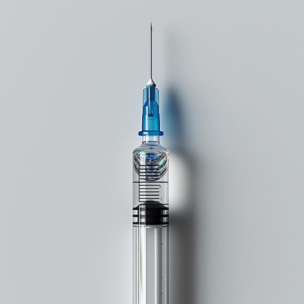 a syringe that has a blue face and a blue cap