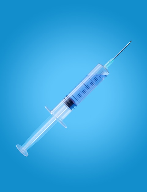 Syringe with medication for injection isolated on blue background with clipping path. 3d render illustration