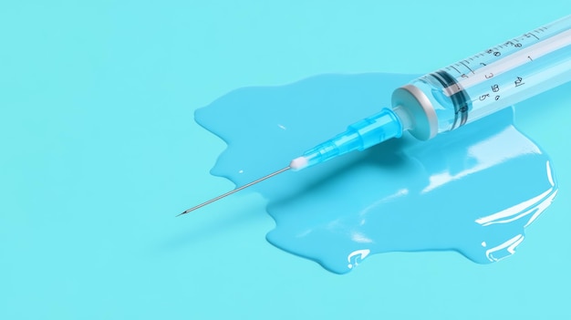 Photo syringe with needle on light blue background cosmetology injection concept