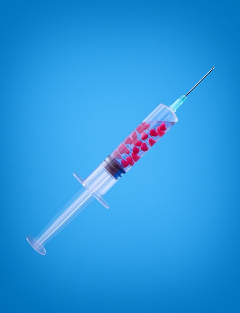 Syringe with red hearts inside. Concept for heart treatment or love potion. Realistic 3d render illustration