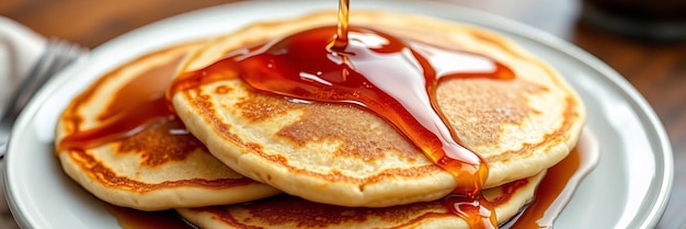 Photo syrup being poured on top of pancakes on a plate