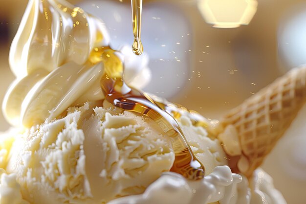 Syrup dripping on ice cream