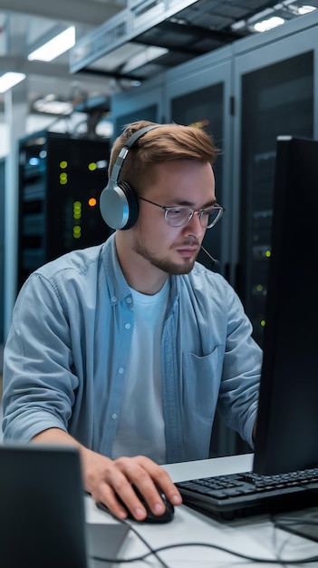 Photo system administrator working in a research e business facility on a desktop computer