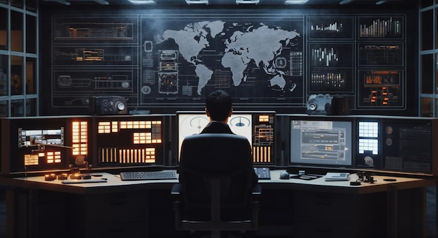 System Control Center with a man sitting behind multiple screens monitoring