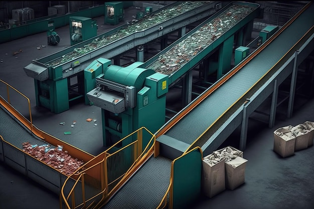 A system of conveyor belts transporting sorted recyclables from collection bins to recycling center