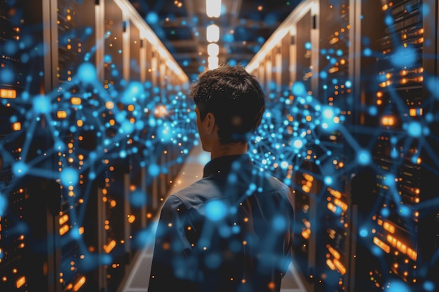 System engineer standing in server room in data center He looked at the network