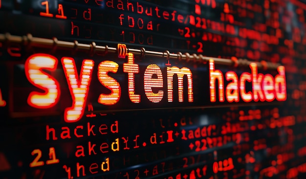 Photo a system hacked digital background bold red letters on black