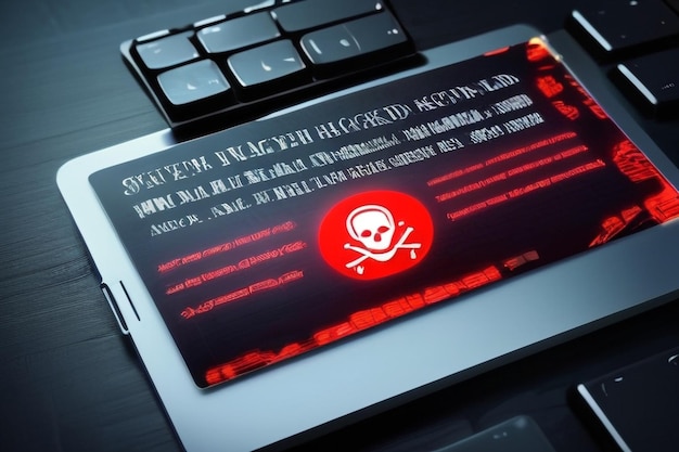 Photo system hacked warning alert on notebook laptop cyber attack on computer network virus