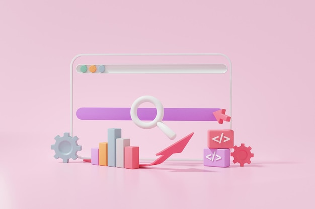 System SEO or Search Engine Optimization marketing growth website development concept analytics click search via keyword information computer minimal on pink background 3d render