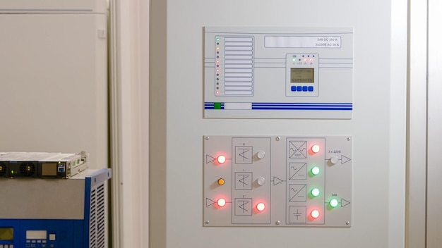 The system of uninterruptible power supply closeup control panel with red and green lights