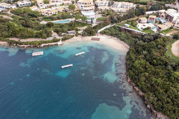 Syvota Greece Aerial view of Sivota sandy beach and tourist resort Epirus Ionian coast