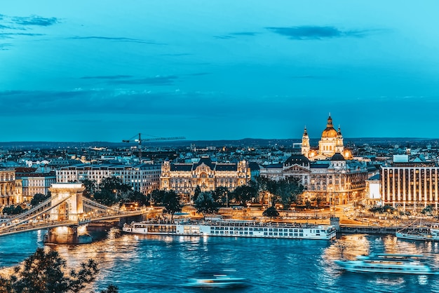 Szechenyi Chain Bridge view from Buda Hill at dusk. Budapest, Hungary.