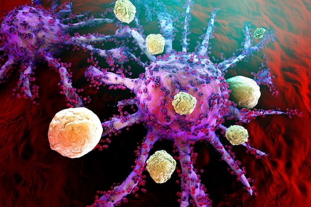 T-Cells of the immune System attacking growing Cancer cells