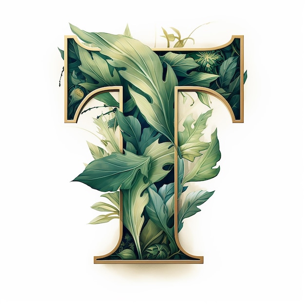 T letter design with leaves on white background