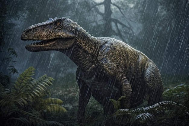 A t - rex stands in the rain in the jungle.