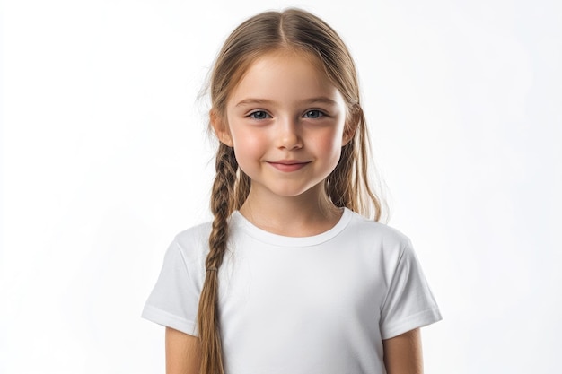 Photo t shirt design concept featuring smiling girl on white background