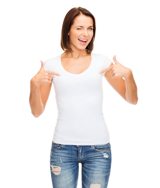 t-shirt design concept - smiling and winking woman in blank white t-shirt