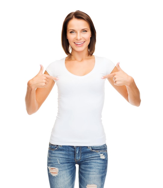 t-shirt design concept - smiling woman in blank white t-shirt