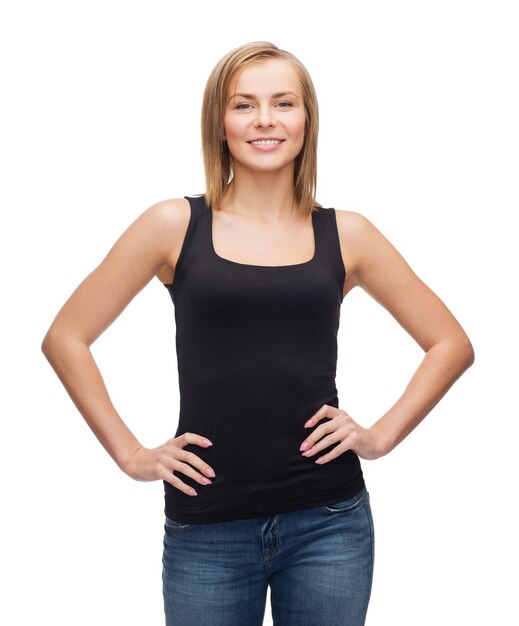 t-shirt design, happy people concept - smiling woman in blank black tank top