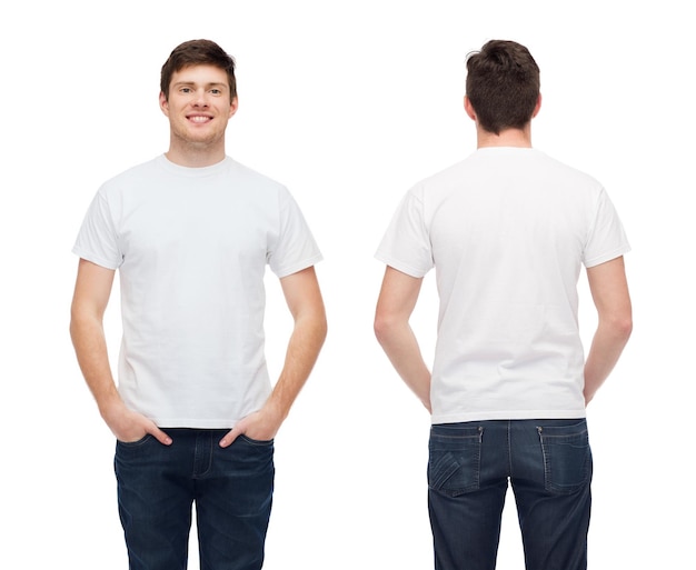 t-shirt design and people concept - smiling young man in blank white t-shirt