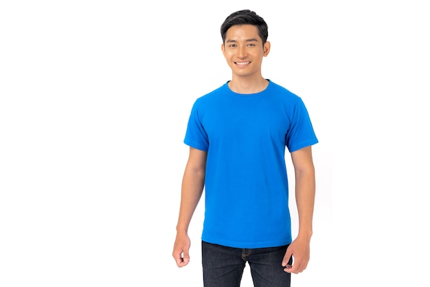 T-shirt design, Young man in blue t-shirt isolated on white background