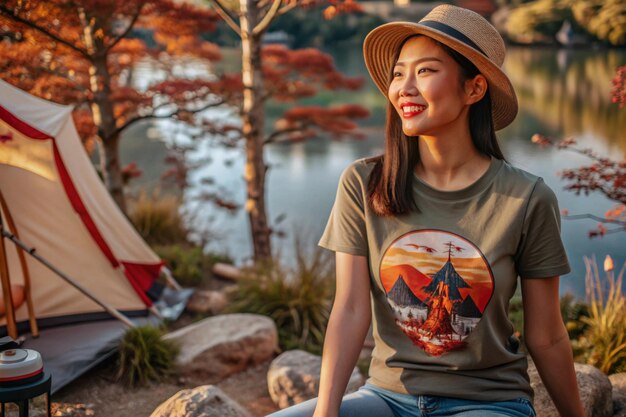 Photo t shirt with a beautiful asian woman enjoying the outdoors