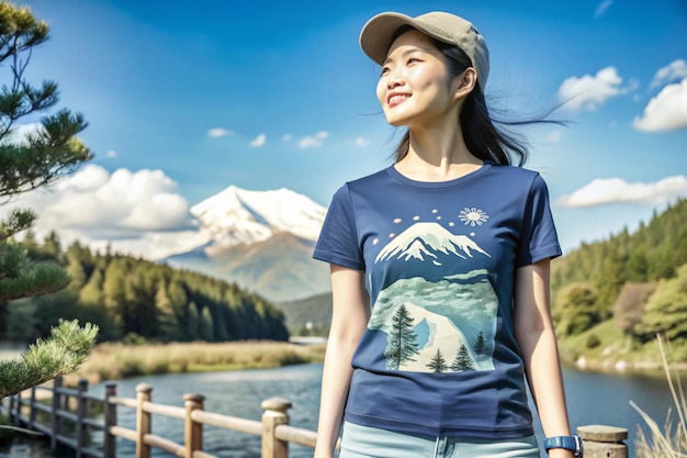 Photo t shirt with a beautiful asian woman enjoying the outdoors