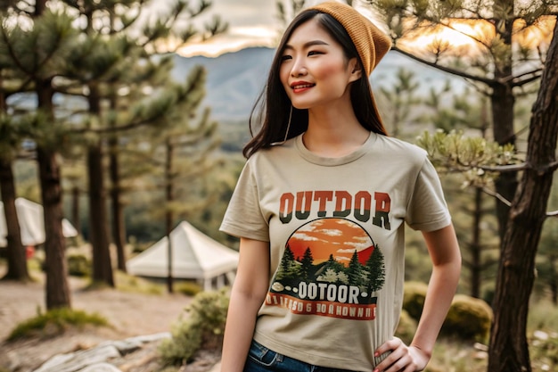 Photo t shirt with a beautiful asian woman enjoying the outdoors