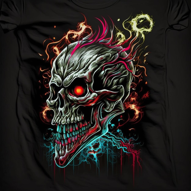 A t - shirt with a skull with a flame and flames on it.