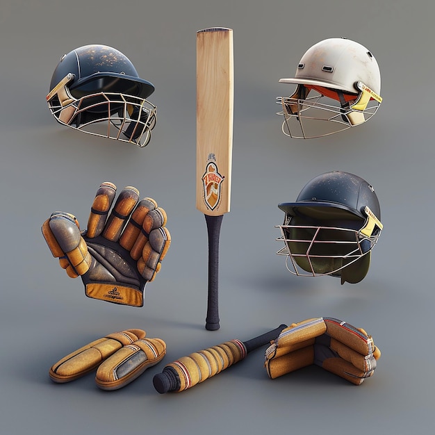 T20 Cricket Gear CloseUp Pads Gloves Helmet and Bat Display