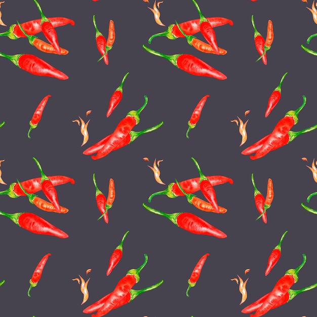 Tabasco hot pepper and flame watercolor seamless pattern isolated on grey