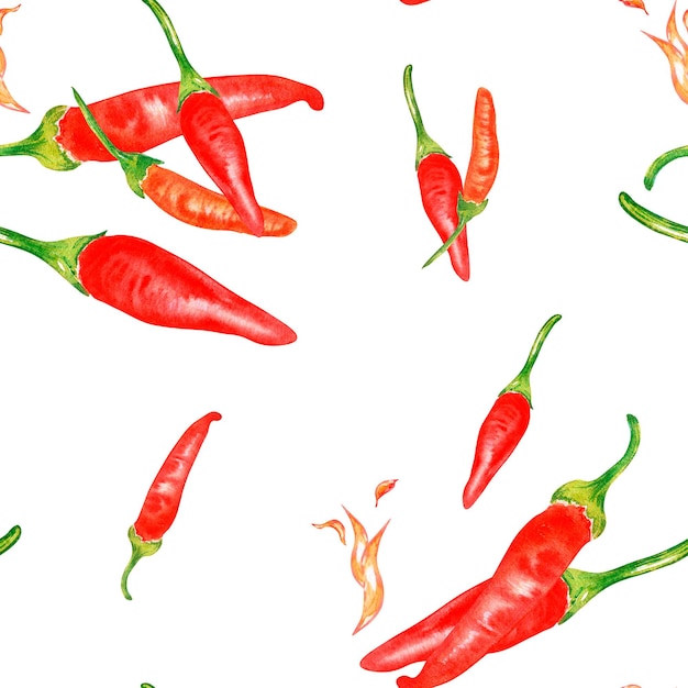 Tabasco hot pepper and flame watercolor seamless pattern isolated on white