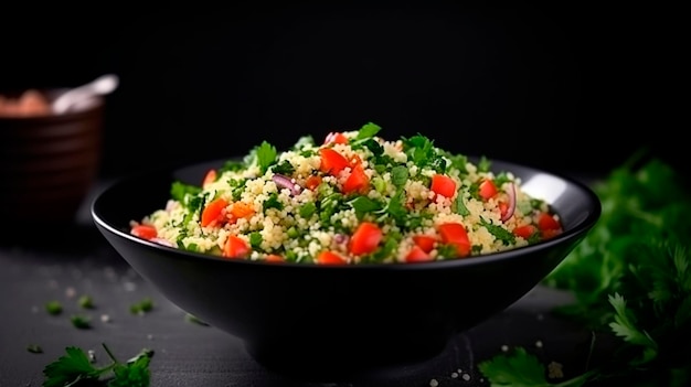 Tabbouleh salad on a black table Levantine vegetarian salad with couscous in a bowl with parsley mint bulgur tomato Generative AI