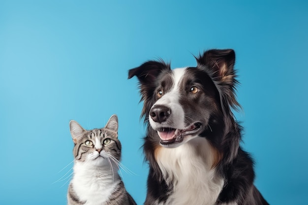 Tabby cat and border collie dog against blue gradient background