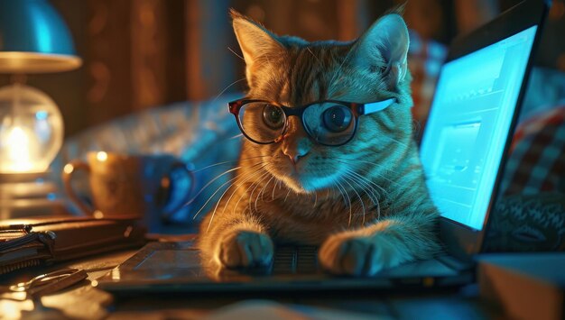 Photo a tabby cat in glasses using a laptop