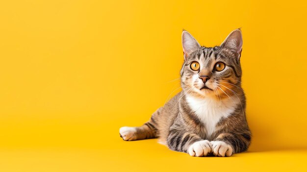 A tabby cat lies on a yellow background