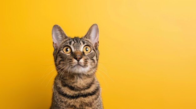 Tabby cat looking up with big yellow eyes against a yellow background