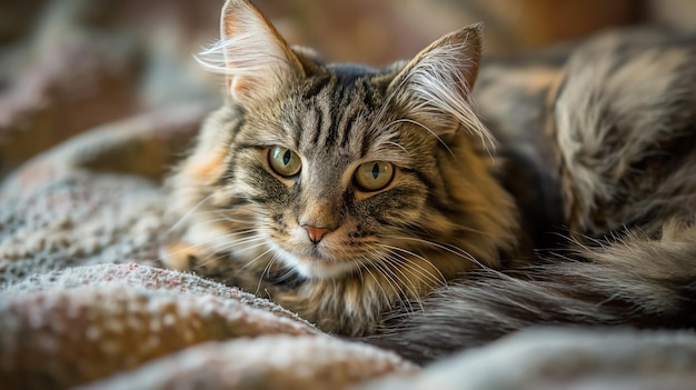 Tabby cat lounging on a cozy blanket