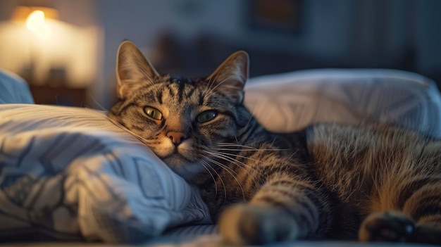 Tabby cat lying on a sofa looking at the camera cozy living room with soft ambient lighting