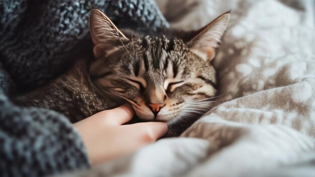 Photo a tabby cat napping on a bed with a human hand gently touching its fur